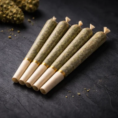 Luxury cannabis pre-roll joints arranged on a dark slate surface with studio lighting, minimal premium aesthetic, ideal for Bushwick marijuana delivery service