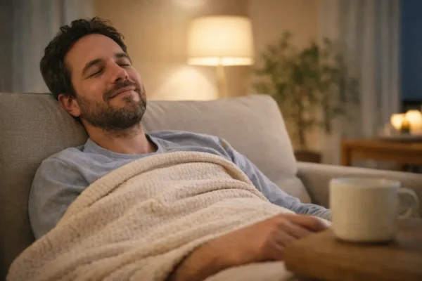Relaxed adult in a cozy home environment illustrating what an edible high feels like and common THC body effects in California.