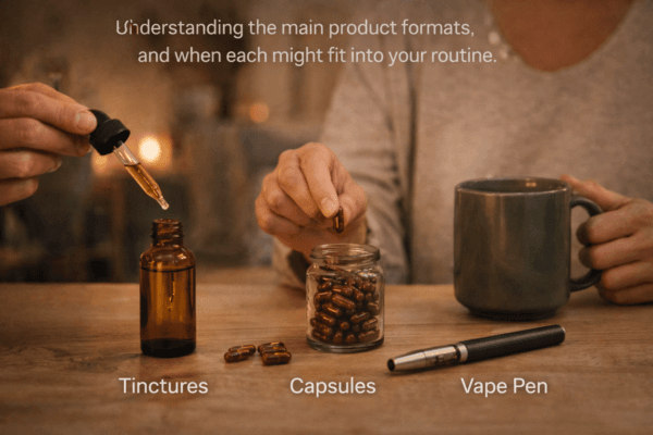 Cannabis product formats including tincture bottle capsules and vape pen arranged on a table during a wellness routine