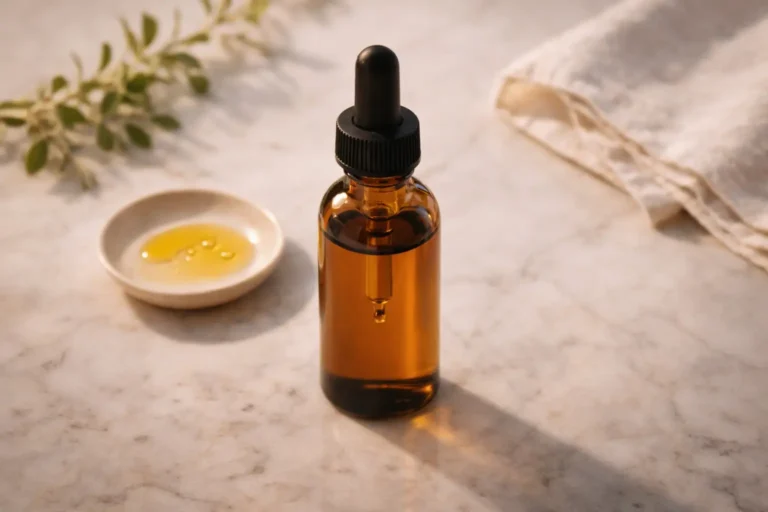 Cannabis tinctures guide — CBD oil drops in amber glass dropper bottle on marble surface with ceramic dish and botanicals