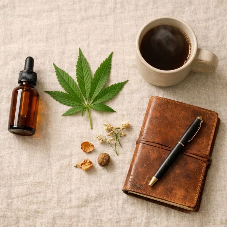 Flat lay of CBD wellness setup with amber dropper bottle, cannabis leaf, steaming mug, dried botanicals, and leather journal on warm linen background
