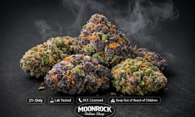 Colorful Runtz cannabis strain buds purple green orange on dark matte background — lab tested DCC licensed Moonrock Online Shop