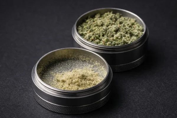 Open four-piece cannabis grinder showing golden kief powder collected beneath the mesh screen