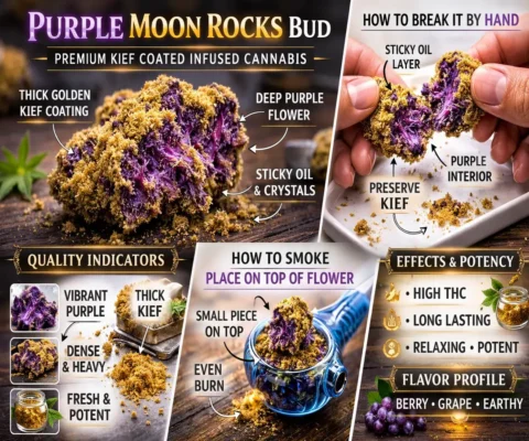 Hands breaking apart sticky purple moon rocks bud showing golden kief coating and deep purple interior flower