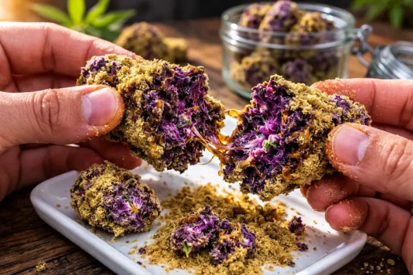 Hands breaking sticky purple moonrocks bud showing golden kief coating and stretched cannabis oil inside