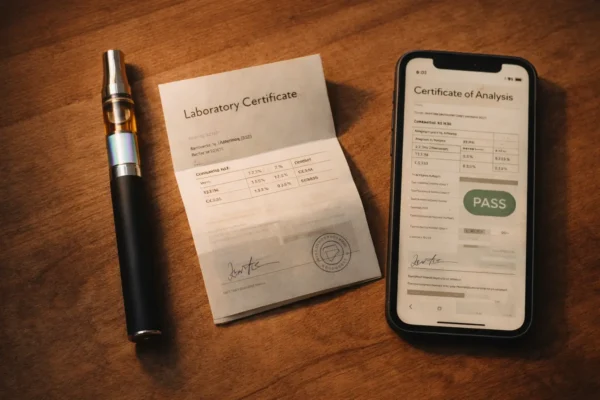 Legitimate cannabis vape pen with lab certificate and mobile phone displaying Certificate of Analysis on wood surface