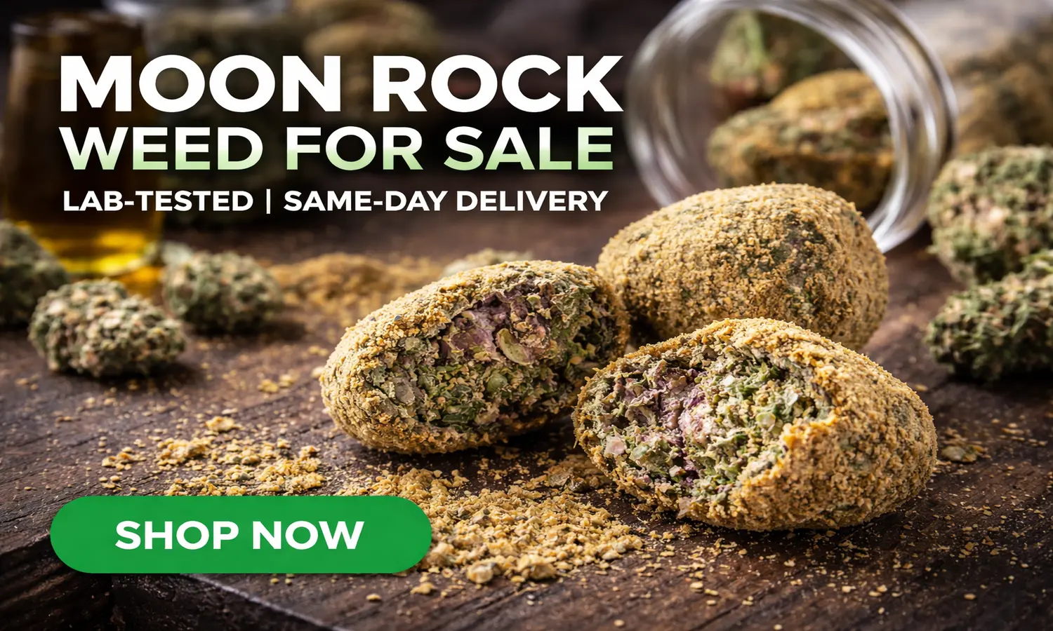 Moon rock weed for sale close-up premium cannabis moonrocks coated in golden kief with lab tested delivery badge Moonrock Online Shop