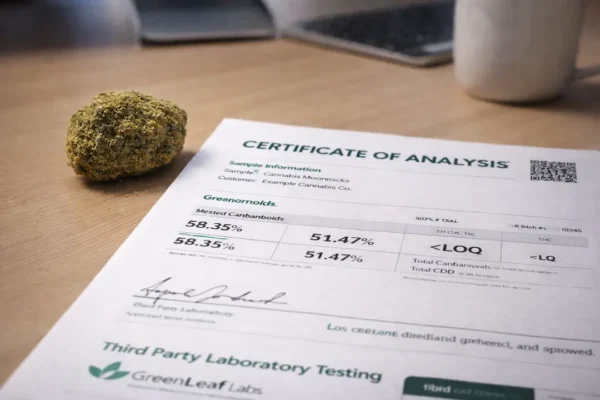 California moonrocks Certificate of Analysis document shown next to a moonrock nug, illustrating third-party lab testing and product verification