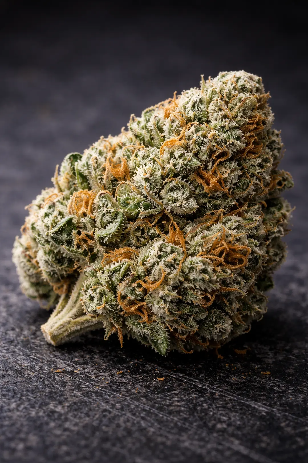 OG Kush cannabis buds close-up on wooden surface with dense trichomes and orange pistils