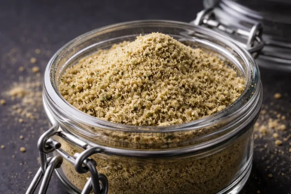 Open glass jar filled with fine golden kief powder showing clean dry sift texture