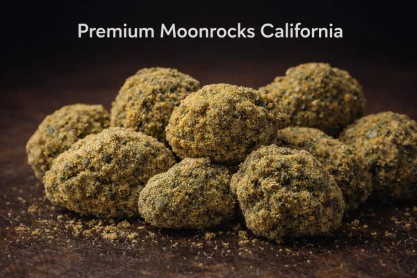 Premium California moonrocks with golden kief coating, cannabis caviar texture, and verified third-party lab-tested presentation