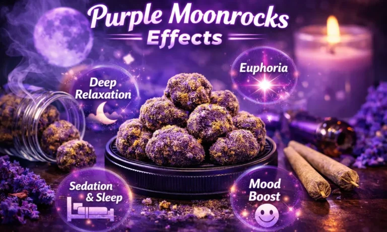 Purple Moonrocks effects hero image showing premium purple kief-coated moonrocks with highlighted effects including deep relaxation, euphoria, sedation and sleep, and mood boost