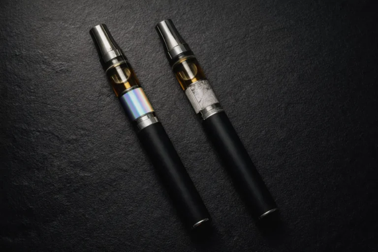 Real vs fake vape cartridge comparison on dark surface showing differences in build and label quality