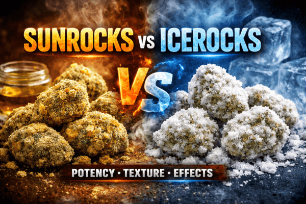 Sunrocks vs Icerocks comparison hero image showing golden sunrocks on one side and frosty white icerocks on the other with bold contrast and dramatic smoke