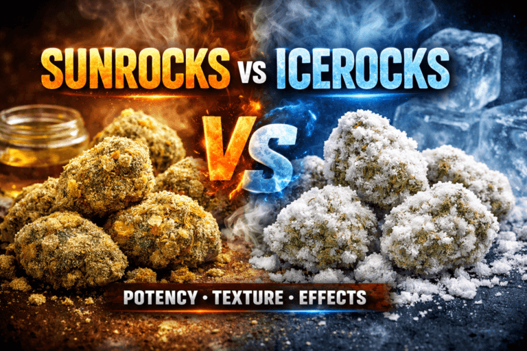 Sunrocks vs Icerocks comparison hero image showing golden sunrocks on one side and frosty white icerocks on the other with bold contrast and dramatic smoke