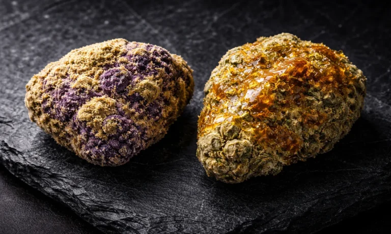 Sunrock and purple moonrock side by side on dark slate showing the visual difference between concentrate coating and kief exterior