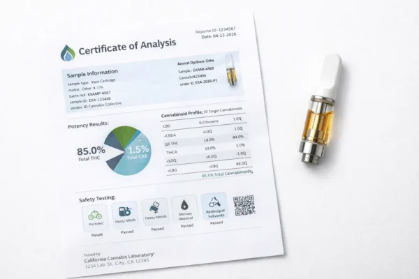 Certificate of Analysis document showing cannabis lab test results and potency chart placed on a white desk next to a vape cartridge filled with golden oil.