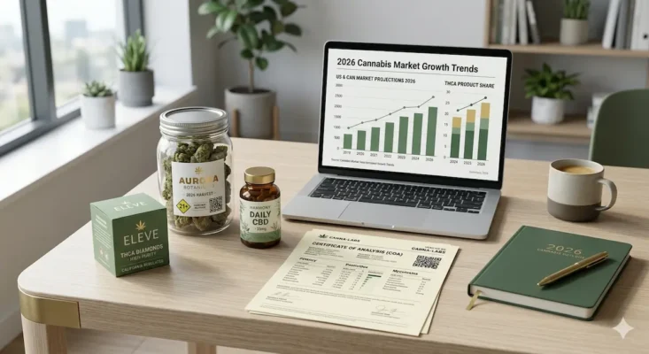 2026 cannabis industry trends with THCA products, CBD capsules, COA lab testing report, and boutique cannabis branding