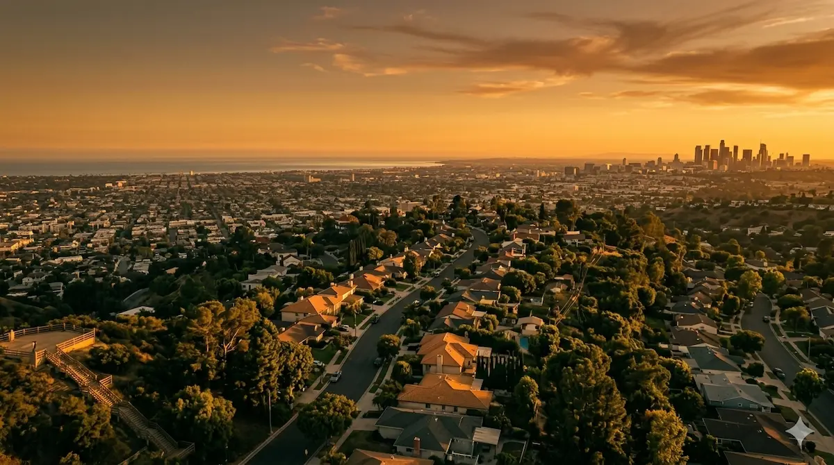 Cannabis delivery Culver Crest Culver City — aerial golden hour view from the hilltop looking west toward the Pacific Ocean. Same-day weed delivery Culver Crest 90230 by Moonrock Online Shop. CA DCC Licensed. 21+ only.