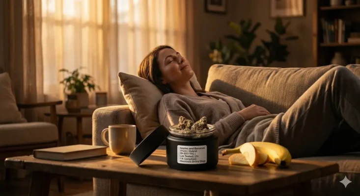 Person relaxing peacefully on sofa at golden hour experiencing euphoric and calming Apples and Bananas strain effects with open cannabis jar labeled lab tested CA compliant 21 plus on coffee table