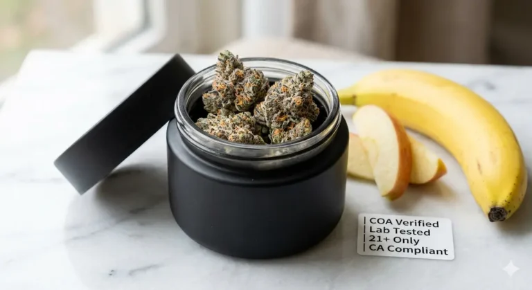 Apples and Bananas strain flower buds in open black glass jar with COA verified lab tested CA compliant 21 plus compliance label beside fresh apple slices and banana on white marble surface