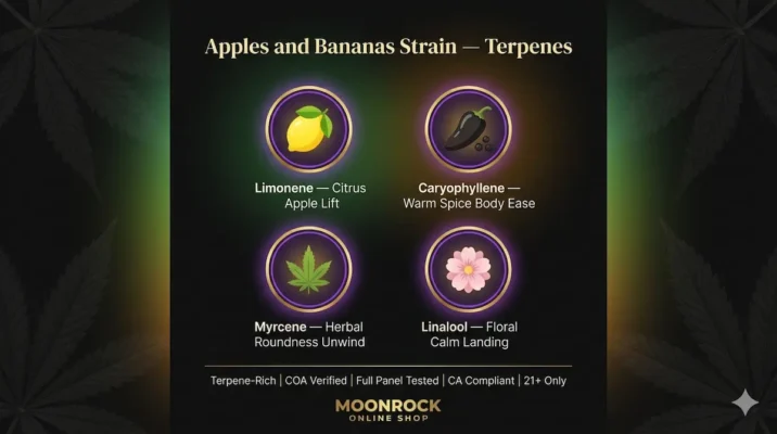 Apples and Bananas strain terpenes infographic showing Limonene citrus apple lift Caryophyllene warm spice body ease Myrcene herbal roundness unwind and Linalool floral calm landing terpene rich COA verified full panel tested CA compliant 21 plus only Moonrock Online Shop