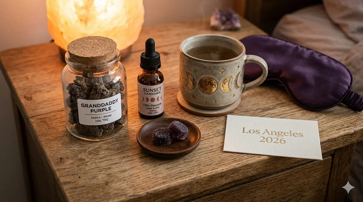 best cannabis for sleep in Los Angeles 2026 featuring CBN tincture, sleep gummies, and Granddaddy Purple flower