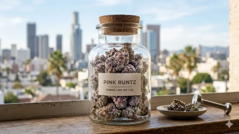 A glass jar of premium Pink Runtz cannabis flower with the Los Angeles skyline in the background, offering weed delivery in Los Angeles