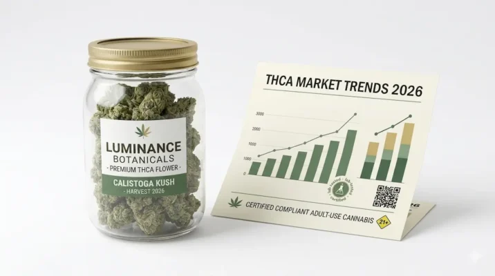 THCA market growth in 2026 shown with premium THCA flower packaging and market chart visuals