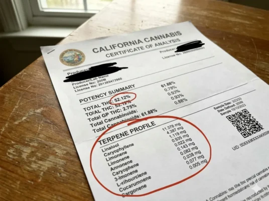 California cannabis certificate of analysis showing THC potency and terpene profile with QR code verification
