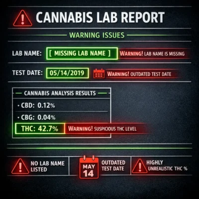 cannabis COA red flags showing missing lab name outdated test date and suspicious THC numbers