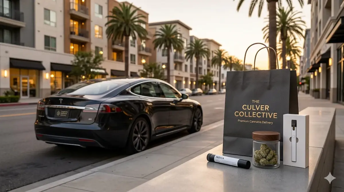 Cannabis delivery downtown Culver City — Tesla delivery driver with moonrocks, indica flower, vape pen and pre-roll on Washington Boulevard at golden hour. Same-day weed delivery downtown Culver City 90232 by Moonrock Online Shop. CA DCC Licensed. 21+ only.