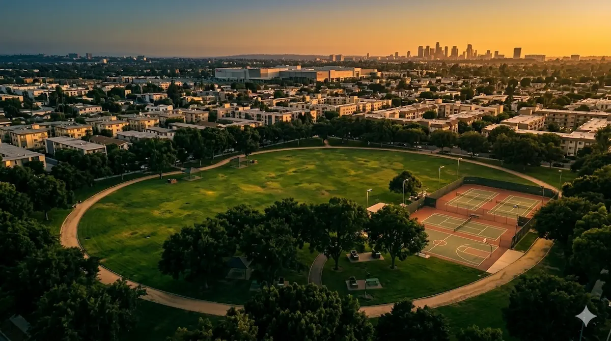 Cannabis delivery Fox Hills Culver City — Fox Hills Park at golden hour sunset, same-day weed delivery to 90230 by Moonrock Online Shop. CA DCC Licensed. 21+ only.