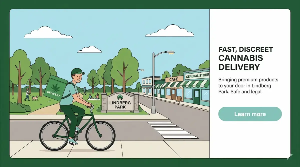 Same-day weed delivery Culver City — licensed delivery cyclist passing Lindberg Park sign on Rhoda Way. Cannabis delivery Culver City 90230 by Moonrock Online Shop. CA DCC Licensed. 21+ only.