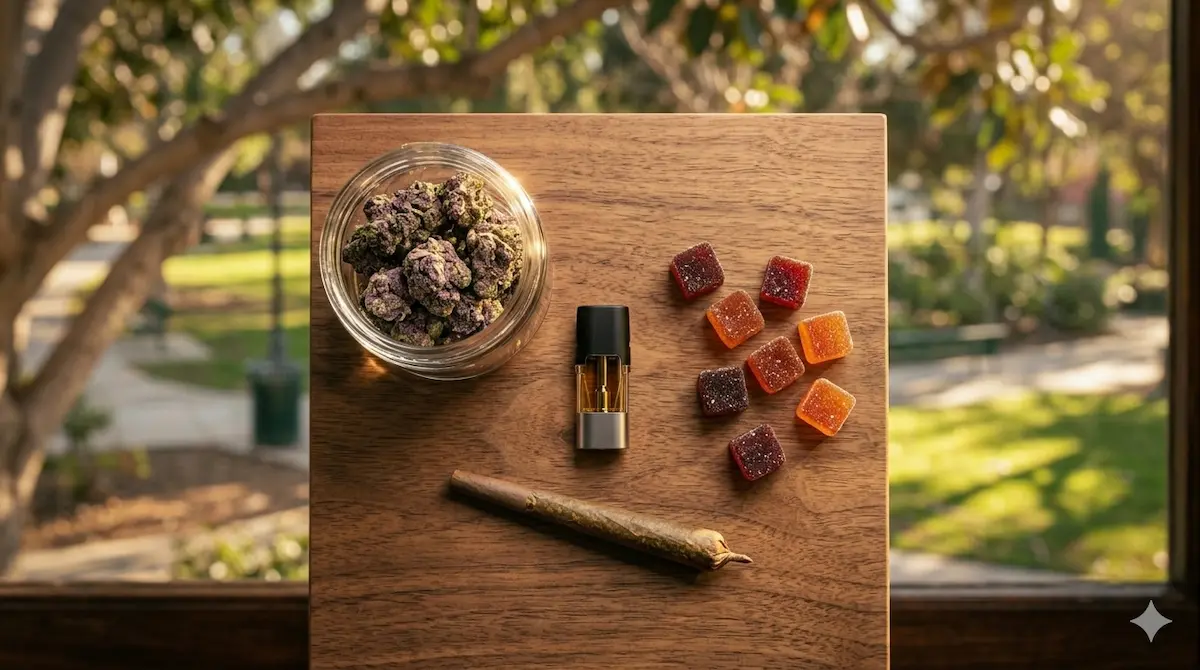 Cannabis delivery Lindberg Park Culver City — moonrocks, CBD gummies, vape cartridge and pre-roll on natural wood surface. Same-day weed delivery Lindberg Park 90230 by Moonrock Online Shop. CA DCC Licensed. 21+ only.