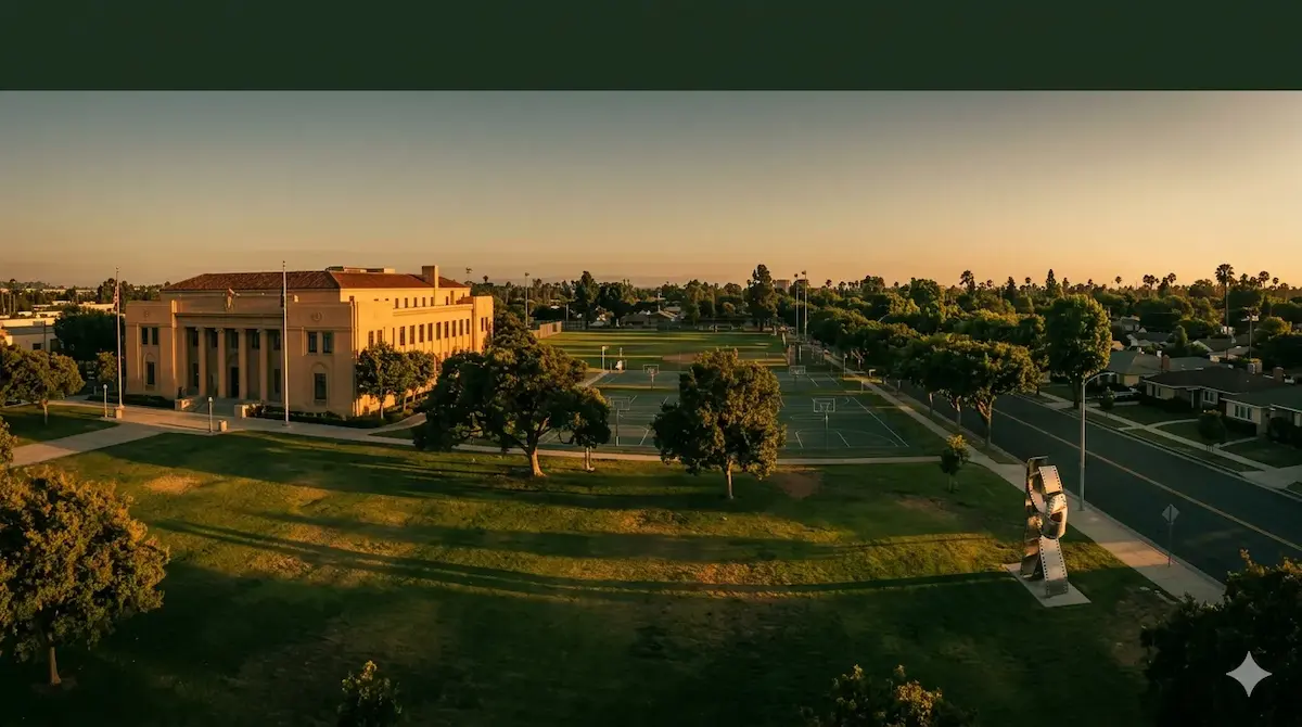 Cannabis delivery Culver City — Veterans Memorial Park aerial golden hour view. Same-day weed delivery Culver City 90230 by Moonrock Online Shop. CA DCC Licensed. 21+ only.