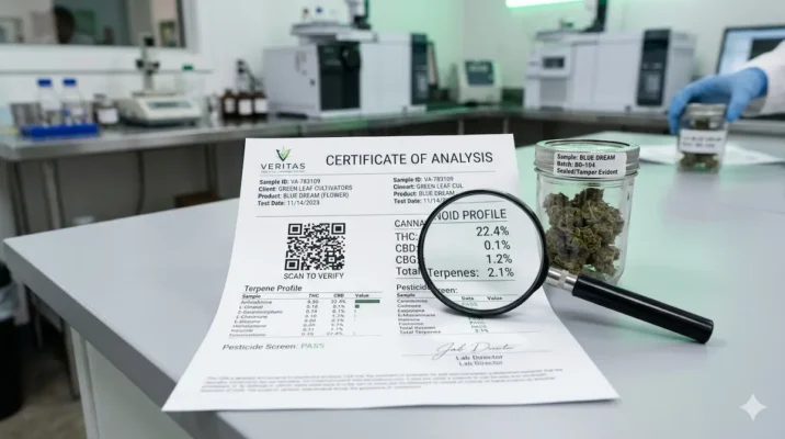 Cannabis lab testing COA access shown with a QR-coded certificate and sealed cannabis product sample