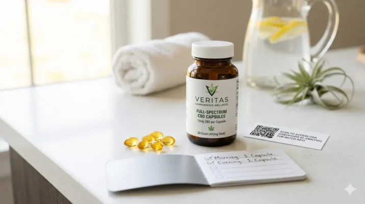 BD capsules dosing education image with premium CBD capsules bottle and dosage notes