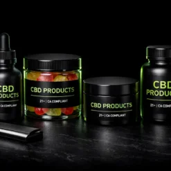 Premium CBD products including tincture oil, gummies, softgels, and topical cream on black background with neon green accents.