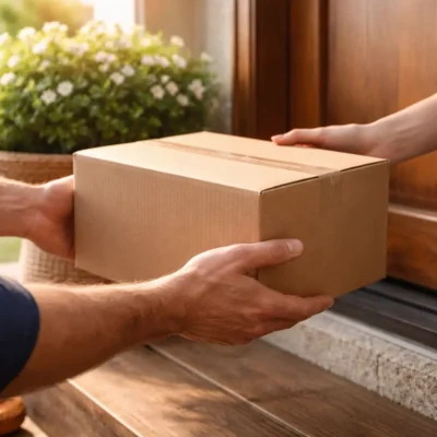 Plain brown cardboard delivery box being handed to a customer at a residential doorstep with no branding visible