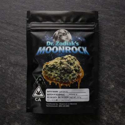 Sealed Dr Zodiak Moonrock pouch with California DCC compliance sticker and lab-tested batch label on dark slate background