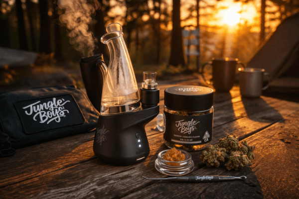 Portable e-rig with Jungle Boys flower jar and concentrate on picnic table at sunset with vapor rising in forest setting