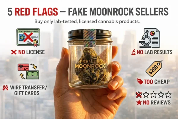 Infographic showing five red flags of fake moonrock sellers including no license, no lab results, wire transfer payments, low prices, and no reviews