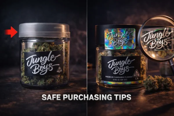 Split comparison image showing a fake cannabis jar on the left and an authentic Jungle Boys jar with holographic sticker on the right under dark investigative lighting.