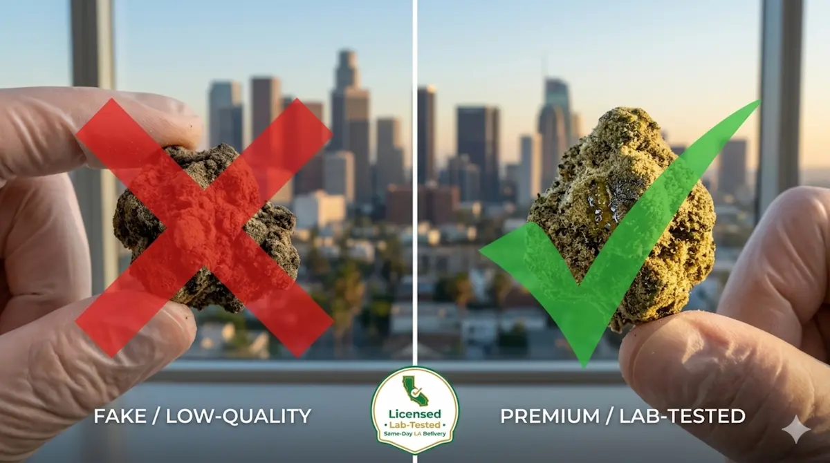 Fake vs real moonrock comparison showing low quality cannabis nug with red X and premium lab tested moonrock with green check