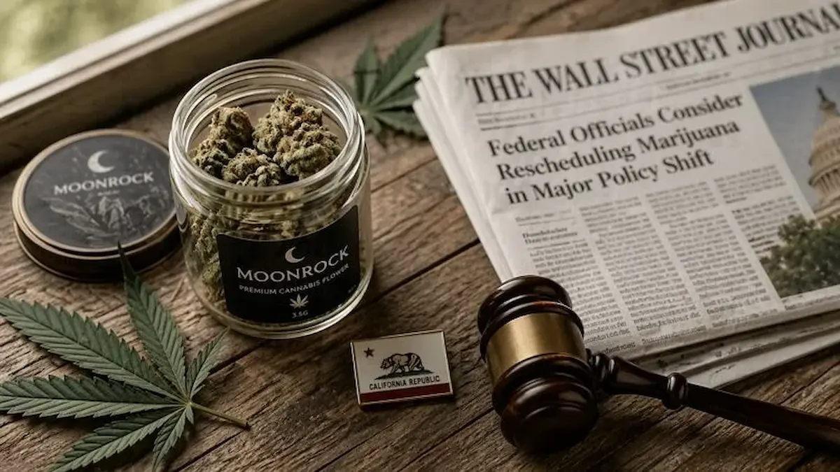 Moonrock premium cannabis flower jar beside newspaper covering federal cannabis rescheduling and a California state pin