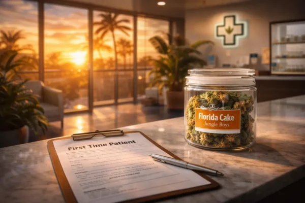 Florida Cake Jungle Boys cannabis jar on marble counter in a modern medical dispensary with sunset lighting and first time patient clipboard