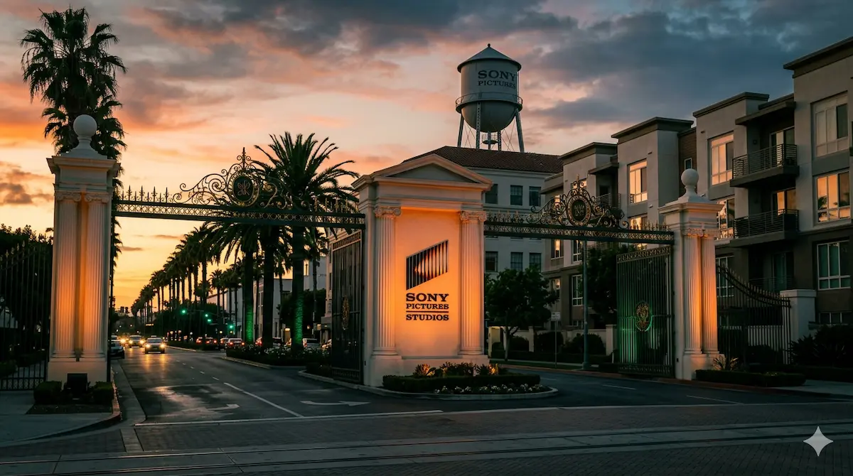 A cinematic wide-angle view of the Sony Pictures Studios entrance in Culver City at sunset, featuring grand white neoclassical columns and the studio water tower, with modern residential buildings visible to the right.