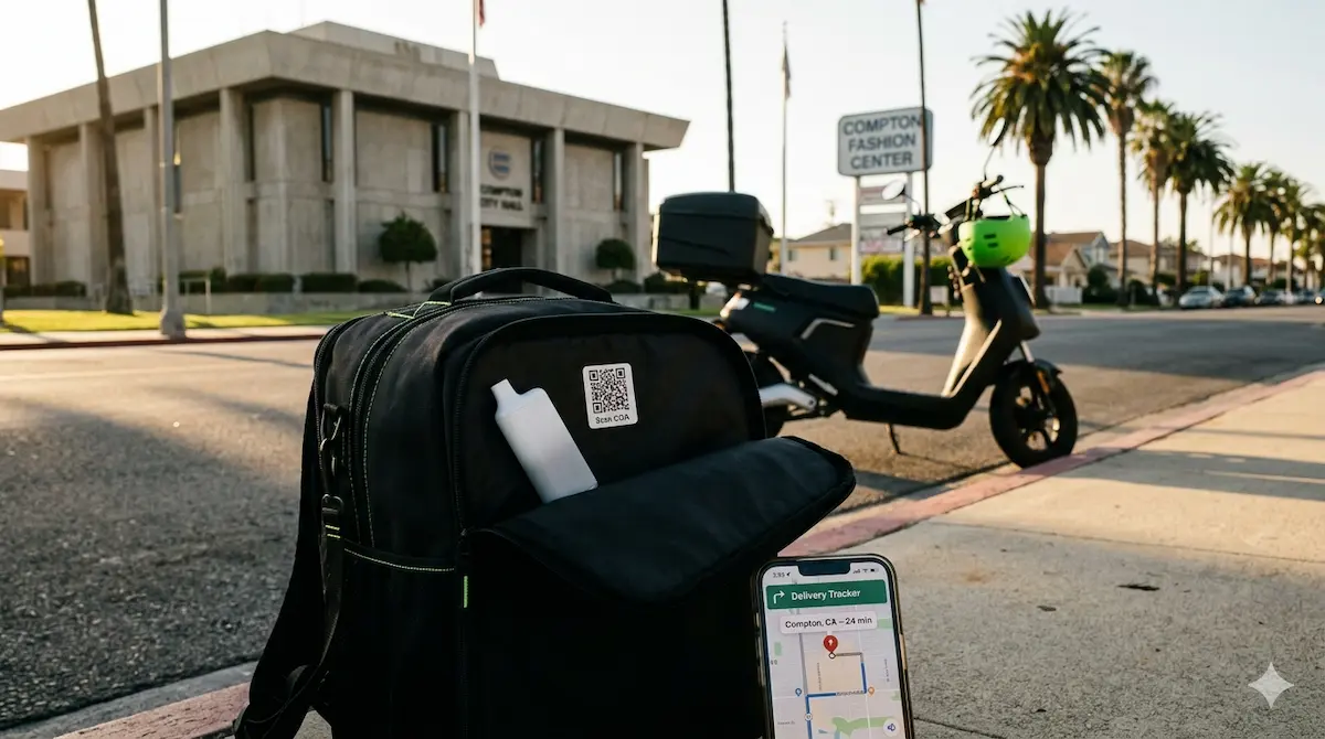 Vape delivery in Compton CA – Moonrock delivery bag with vape device and Compton City Hall in background
