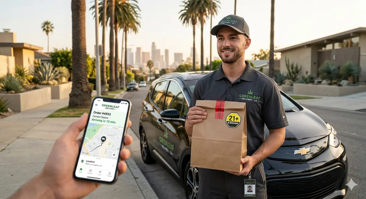 How does weed delivery work in Los Angeles — licensed cannabis delivery driver with GPS tracking app and 21+ verified order — Moonrock Online Shop 202